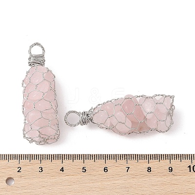Rack Plating Copper Wire Wrapped Natural Rose Quartz Chip Big Pendants G-C130-01P-06-1