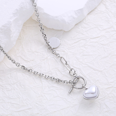 French Style Stainless Steel Pave Imitation Pearl Heart O-Toggle Pendant Necklaces for Women BF9178-1-1