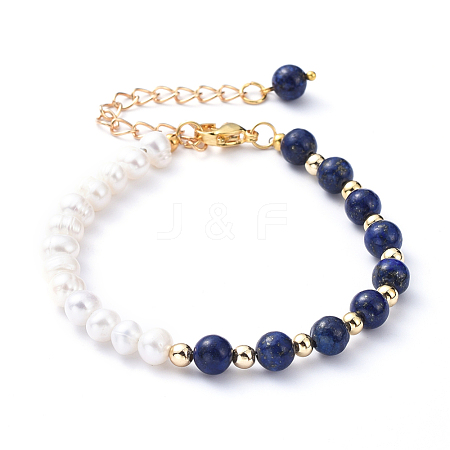 Natural Pearl & Natural Lapis Lazuli(Dyed) Beaded Bracelets BJEW-JB05153-04-1