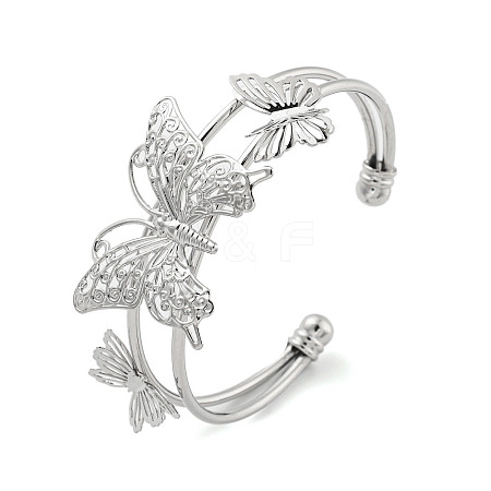 Butterfly Rack Plating Brass 2-Strand Open Cuff Bangles for Women BJEW-P322-01P-1