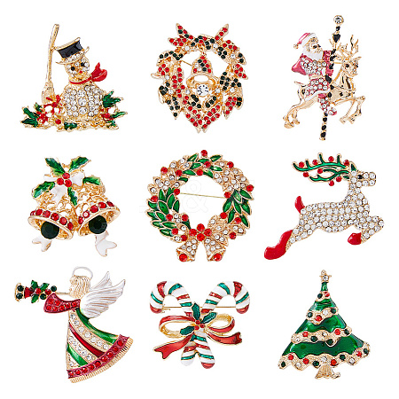 9Pcs 9 Styles Christmas Theme Rhinestone Brooch Pin JEWB-DC0001-33-1