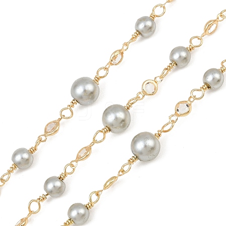 Rack Plating Brass & Round ABS Imitation Pearl & Glass Beaded Link Chains KK-CBA3816-01B-1
