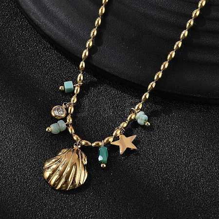 Beach 304 Stainless Steel Rhinestone & Glass Shell Shaped Pendant Necklaces for Women NJEW-Z061-08G-1