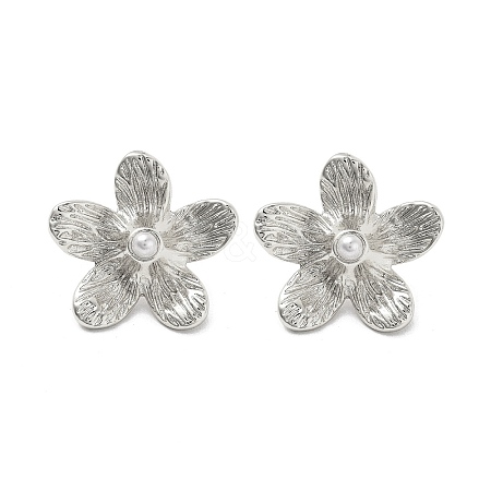 Rack Plating Flower Brass ABS Imitation Pearl Stud Earrings EJEW-M029-03P-1