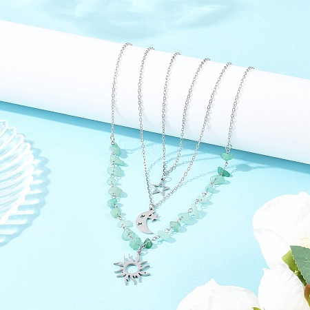 201 Stainless Steel Sun Moon Star Pendant Natural Green Aventurine & 304 Stainless Steel Link Chain 3 Layer Necklaces for Women NJEW-JN05470-03-1