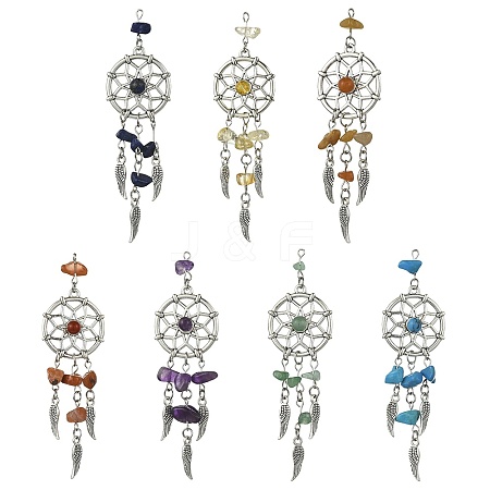 14Pcs 7 Colors Natural & Synthetic Gemstone Dream Catcher Pendants PALLOY-CJ00165-1