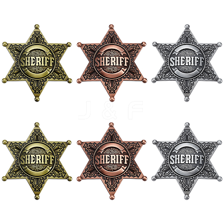 6Pcs 3 Colors Star of David with Word Sheriff Alloy Lapel Pins for Backpack Clothes JEWB-HY0001-52-1