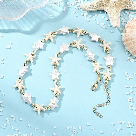 Ocean Synthetic Turquoise Starfish & Natural Baroque Keshi Pearl Star Beaded Necklaces for Women NJEW-JN06314-1