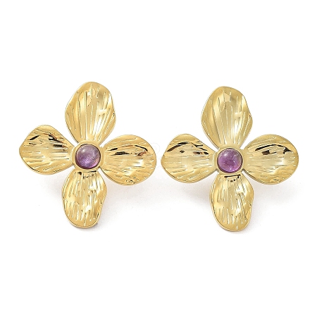 Natural Amethyst Flower Stud Earrings EJEW-L267-001G-09-1