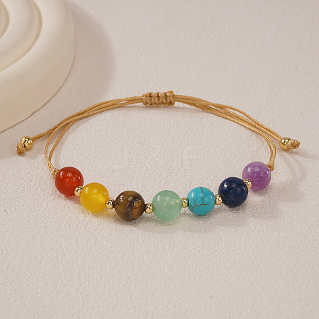 Chakra Natural Tiger Eye & Lapis Lazuli & Carnelian & Amethyst & Citrine & Green Aventurine & Synthetic Turquoise Round Beads Braided Bead Bracelets for Women WD1381-1
