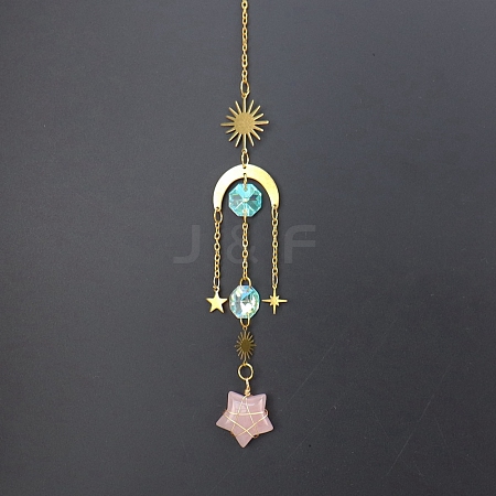 Natural Rose Quartz Star Sun Catcher Hanging Ornaments with Brass Sun HJEW-PW0002-13C-1