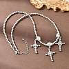 Brass Micro Pave Clear Cubic Zirconia Cross Pendant Round Beaded Bib Necklaces for Women NJEW-F364-04P-3