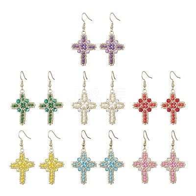 7 Pairs 304 Stainless Steel Glass Seeds Cross Dangle Earrings EJEW-MZ00506-1