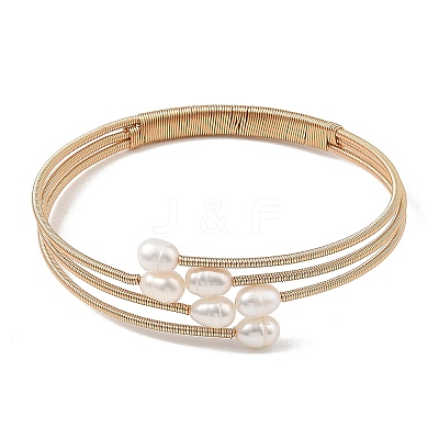 Natural Freshwater Pearl & Brass 3-Strand Open Cuff Bangles BJEW-JB14229-1
