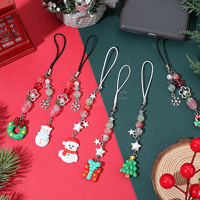 6Pcs 6 Styles Christmas Acrylic & Glass & Resin Mobile Straps HJEW-SC0002-97-1