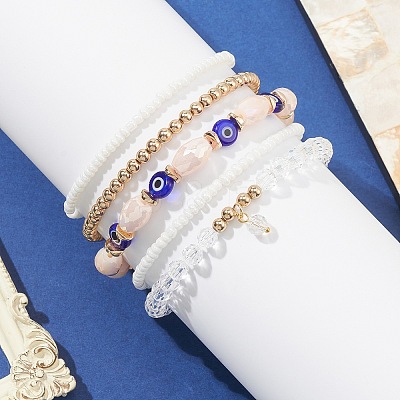 5Pcs 5 Style Glass & Lampwork Evil Eye Stretch Bracelets Set BJEW-JB09619-03-1