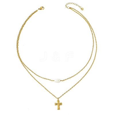 Natural Pearl Rice and 304 Stainless Steel Pendant Double Layer Necklaces for Women NJEW-JN06211-01-1