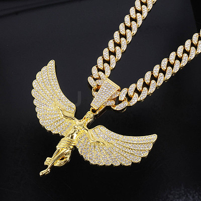 Zinc Alloy Full Crystal Rhinestone Goddess with Angel Wings Pendant Cuban Link Chain Necklaces for Women FS-WGAC8C0-01-1