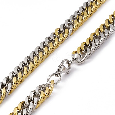 Two Tone PVD Vacuum Plating 201 Stainless Steel Cuban Link Chain Necklace with 304 Stainless Steel Clasps for Men Women NJEW-M194-01B-GP-1