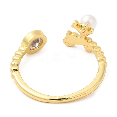 Plastic Pearl Christmas Deer Open Cuff Ring with Cubic Zirconia RJEW-R139-01G-1