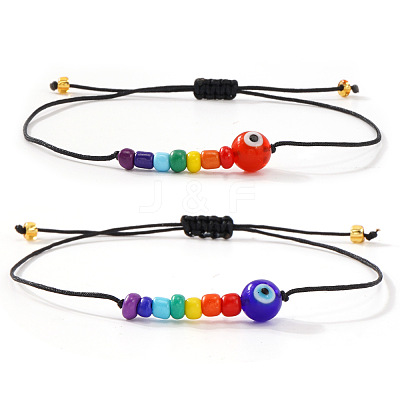 2Pcs Pride Month Evil Eye Glass Seed Beaded & Handmade Lampwork Braided Bead Bracelets MO7433-2-1