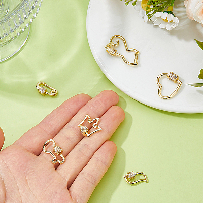 6Pcs 6 Styles Brass Micro Pave Clear Cubic Zirconia Screw Carabiner Lock Charms KK-DC0005-06-1