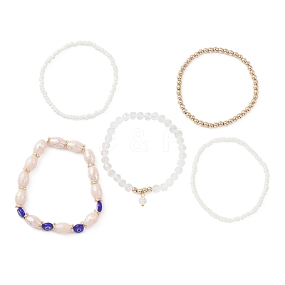 5Pcs 5 Style Glass & Lampwork Evil Eye Stretch Bracelets Set BJEW-JB09619-03-1