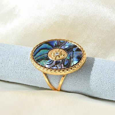 Oval 304 Stainless Steel & Paua Shell & Rhinestone Cuff Rings for Women X-RJEW-G346-06G-02-1