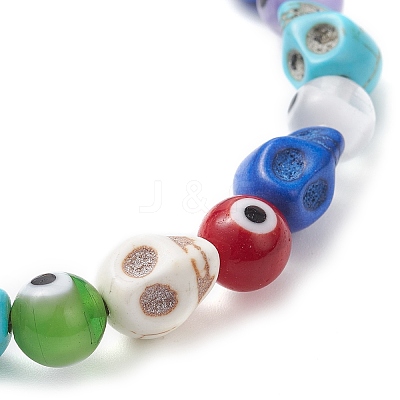 Halloween Dyed Synthetic Turquoise Skull & Lampwork Evil Eye Round Beaded Stretch Bracelets for Women Men BJEW-JB12268-03-1