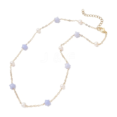 Synthetic Blue Lace Agate Star & Natural Freshwater Pearl & Brass Link Chain Necklaces NJEW-JN05687-02-1