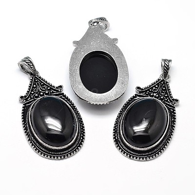Oval Antique Silver Zinc Alloy Natural Dyed & Heated Black Agate Big Pendants X-G-F228-27J-FF-1