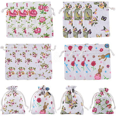 4 Styles Flower Print Burlap Packing Pouches ABAG-BBC0001-03B-1