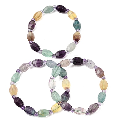 Natural Rainbow Fluorite Faceted Lantern Beaded Stretch Bracelets with Seed Beads for Women GG-CBA3F02-02-1