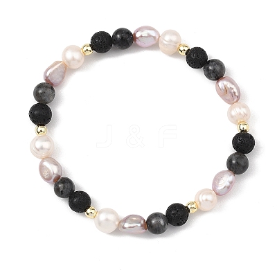 Natural Larvikite & Lava Rock Cultured Freshwater Pearl Beads Stretch Bracelets for Women BJEW-JB14084-1