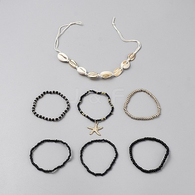 7Pcs 7 Styles Alloy & Natural Shell & Resin Seed Bead Bracelets Set for Women BJEW-WH0022-60B-1