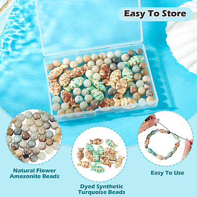 50Pcs Round Natural Flower Amazonite and 15Pcs 3 Colors Fish Dyed Synthetic Turquoise Beads Sets G-TA0003-04-1
