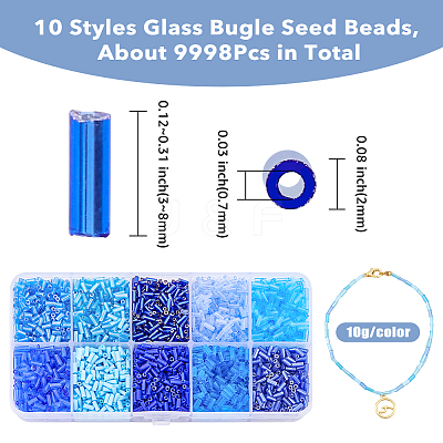 10 Colors Blue Series Transparent Colours Luster Glass Bugle Beads SEED-DC0001-07-1