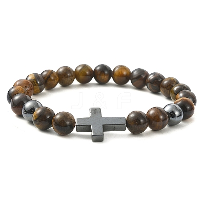 Natural Tiger Eye & Synthetic Hematite Corss Beaded Stretch Bracelets BJEW-JB09845-03-1