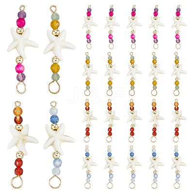 24Pcs 4 Colors Summer Beach Dyed Synthetic Turquoise Starfish & Natural Mixed Stone Faceted Round Beaded Connector Charms PALLOY-FH00159-1