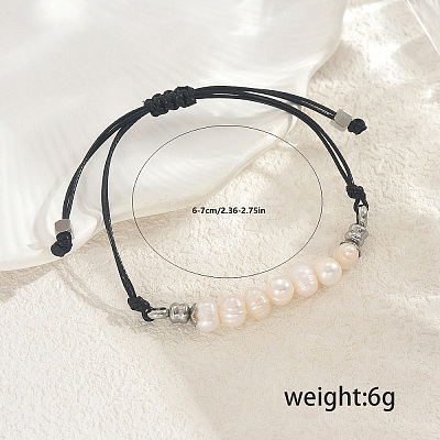 Bohemian Natural Cultured Pearl Rice Braided Bead Bracelets with 201 Stainless Steel Beads NX1549-1-1