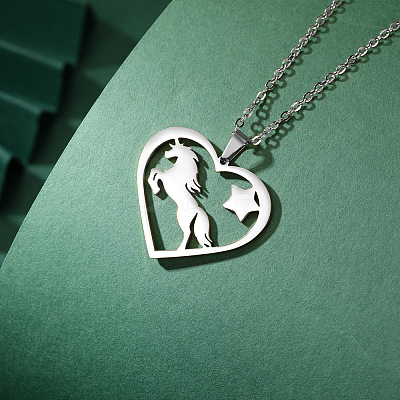 304 Stainless Steel Heart with Horse Pendant Necklaces FS-WG9C853-01-1