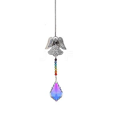 Glass Leaf Sun Catcher Hanging Prism Ornaments with Iron Angel HJEW-PW0002-14B-1