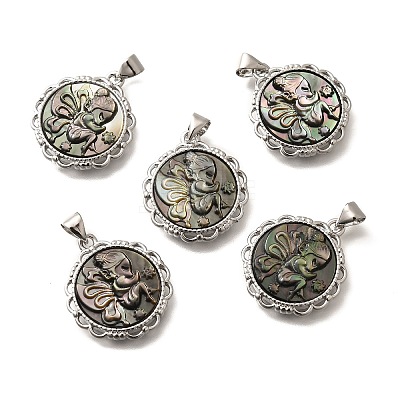 Brass with Natural Shell Carved Pendants KK-Z091-07P-01-1