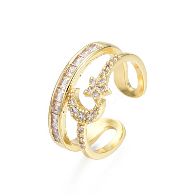Cubic Zirconia Moon and Star Open Cuff Ring RJEW-N035-113-1