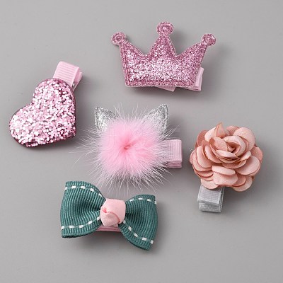 Cute Cat/Bowknot/Heart/Crown/Flower Polyester Alligator Hair Clips Set OHAR-WH0021-26-1