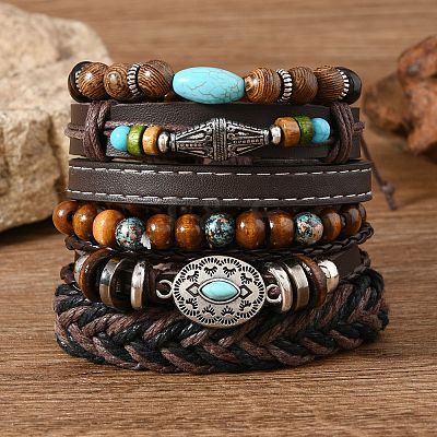 6Pcs 6 Styles Wood & Synthetic Turquoise Beaded Stretch Bracelets & Alloy Synthetic Turquoise Link Bracelets & Retro PU Leather Cord Bracelets for Men's FS-WG129F8-06-1
