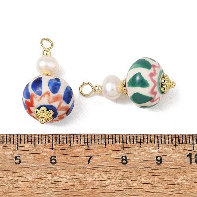 Handmade Porcelain & Natural Cultured Freshwater Pearl & Non-magnetic Synthetic Hematite & Brass Pendants PALLOY-JF05913-1