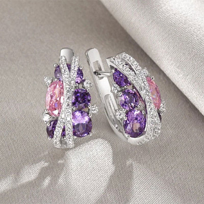 Platinum Teardrop Brass Micro Pave Cubic Zirconia Hoop Earrings FS-WG54F4B-02-1