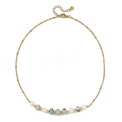 Rondelle Natural Larimar & Natural Cultured Freshwater Pearl Beaded Necklaces with 304 Stainless Steel Satellite Chains NJEW-JN06641-1