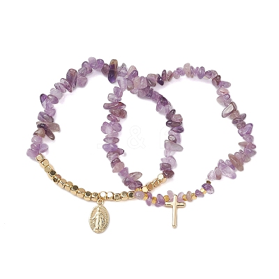 2Pcs Natural Gemstone Chip & Cube Non-magnetic Synthetic Hematite Beaded Stretch Bracelet Sets BJEW-JB10630-1